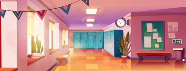 Okul koridoru iç tasviri. Dolaplar koridor duvarlarında flama ile süslenmiş. Çıkış levhasının yanındaki saksı bitkileri, ilan panosu ve posterler, monte edilmiş saat..