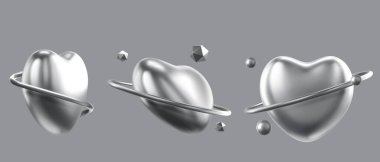 Arka planda 3 boyutlu krom kalpler var. Gümüş yüzeyli dönen aşk gezegeni sembollerinin, holografik soyut şekillerin, y2k estetik tasarım elementlerinin, romantizm işaretlerinin gerçekçi temsili.