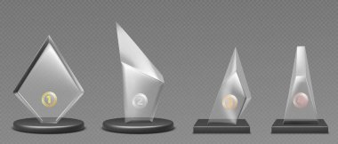 Defne çelenkleriyle hazırlanmış cam ödüller - akrilik plaket şekilleri. Zafer sembolleri, şampiyonluk ödülleri ya da parlak duruşlarda kurumsal tanıma hediyeleri için şeffaf gerçekçi vektör modellemeleri
