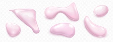 Şeffaf pembe jel damlaları seti - pürüzsüz soyut şekiller koleksiyonu gerçekçi röfleler, yuvarlak, berrak sıvı damlaların gölgeleri. Parlak 3d oval, saydam arkaplanda izole edilmiş çeşitli formlar