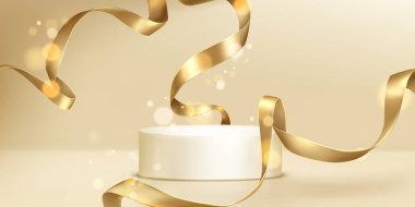 Beyaz yuvarlak podyum ve bej arka planda altın kurdeleler. Ürün sunumu ya da ödül töreni için boş podyumun vektör gerçekçi illüstrasyonu, ışık meşalesi, parlak altın dekor, sergi salonu görüntüsü