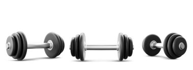 Dambıllar beyaz arkaplanda izole edildi. Spor salonları için halter teçhizatı, ağır ağırlık kaldırma aksesuarları, spor malzemeleri, sağlıklı yaşam tarzı.