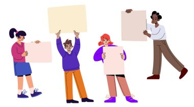 Karikatür insanları protesto ederken pankart tutuyorlar. Genç kadınlar ve erkekler tabela tutuyor, bağırıyor, yürüyorlar. Kalabalığın gösteri yoluyla görüşlerini ifade ettiği renkli düz vektör illüstrasyonuName.