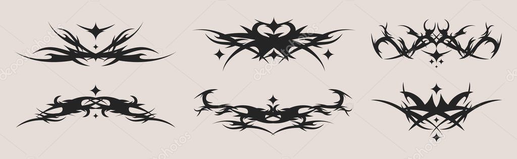 Neo tribal tattoo set - black symmetric decorative ethnic graphic elements collection. Stylized thorny patterns, swirling pointed shapes, ornamental abstracted designs for body art inspiration.