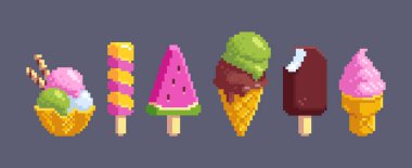 Pikselli sanat dondurması koleksiyonu - çubuklarda canlı 8 bit stil dondurmalar, meyveli dondurmalar, çikolata kaplı çubuklar, kıvrımlı yumuşak servis konileri. Yaz temalı oyun için hazırlanmış tatlı grafikleri..