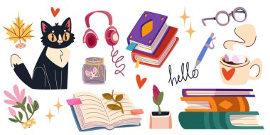 Çizgi roman yığını - sevimli siyah kedi, renkli edebiyat yığınları, açık sayfalar ve yapraklar, kulaklık ve gözlük, bir fincan sıcak çikolata. Okuma, öğrenme ve rahatlama için Doodle koleksiyonu
