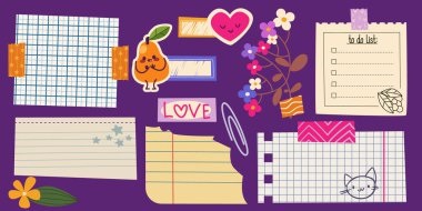 Sevimli renkli notlar çizilmiş not defteri notları, kontrol listeleri, gülümseyen karakter çizimleri, çiçekler ve yapraklı dallar. Mermi günlük planlayıcıları için dekoratif etiket ögeleri.