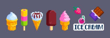 Pikselli dondurma seti. 8 bit stil tatlı - vanilyalı dondurma, çilekli dondurma, çikolata soslu bar, buzlu şeker. Waffle külahlarında veya çubuklarda donmuş ikram grafikleri