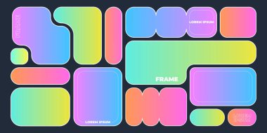 Renkli bento şekilli çerçeve koleksiyonu - yuvarlak dikdörtgen bloklar, neon eğimli kenarlar. Parlak holografik sıvı renk arkaplanı. Moda soyut grafik şablonları, ui elemanları, web sayfası tasarımı.
