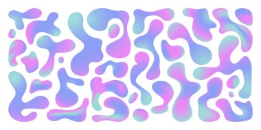 Akan sıvı soyut şekiller canlı mor ve pembe renkler. Sıvı kenarlı organik kabarcıklar. Modayı takip eden grafikler için Memphis tasarım elementleri.