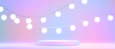 Silindir podyum sahnesi, mor, pembe ve mavi holografik arka planda sicim lambaları. Ürün gösterisi veya olay dekorasyonu için parlayan bokeh efektli boş 3d kaide görüntüsü.