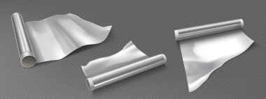 Alüminyum folyo rulo parlak, parlak çarşaflar. İnce, esnek metal parçalar farklı şekillerde. Şeffaf arkaplanda izole edilmiş yemek pişirme için gerçekçi 3d esnek ambalaj ambalajı