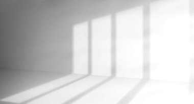 Beyaz, içi boş oda. Pencere gölgesi siluetleri parlak güneş ışığının boş duvarına konmuş. Siyah beyaz fotoğraf efektli minimal bir arka plan. Gerçekçi soyut geometrik şekiller.