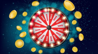 Uçan madeni parayla dönen kumarhane çarkı. Şans oyunu aleti. Ödül miktarları kırmızı ve beyaz sektörler, parlak metalik çerçeve, yüzen altın çipler veya para ile çevrili şans döndürücü.