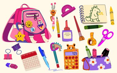 Okul çantası ve kırtasiye seti beyaz arka planda izole edilmiş. Kızsal pembe sırt çantası, not defteri, kalem açacağı ve silgi, makas, hesap makinesi ve eğitim aksesuarlarının vektör çizimi