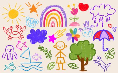 Çocukların el çizimleri beyaz arka planda izole edilmiş boya kalemleri. Çizgi film çocuğunun gerçekçi temsili, yaz gökkuşağı, güneş, çiçek, yengeç, balık, şemsiye ve yağmur bulutu, renkli tebeşir simgeleri