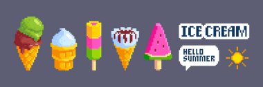 Arkaplanda pikselli dondurma simgeleri izole edildi. Retro oyun tasarım elementlerinin vektör çizimi, güneş, tatlı çikolata, meyve tatlısı, merhaba yaz konuşma balonu, eski bilgisayar kullanıcı arayüzü