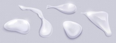 Şeffaf arka planda kozmetik jel damlaları izole edildi. Beyaz sıvı serumun, cilt bakım kreminin, güzellik yağı losyonunun, parlak yüzeyi olan soyut damlacıkların, sıvı örneklerinin gerçekçi temsili sunumu.