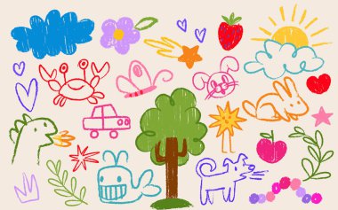 Pastel boya çocuk çizimleri. Bulut ve kalplerin renkli karalamaları, kelebekler ve yıldızlar, güneş ve dinozor, hayvanlar ve meyveler, çiçekler. Çocuklar için dekoratif sanat öğeleri..