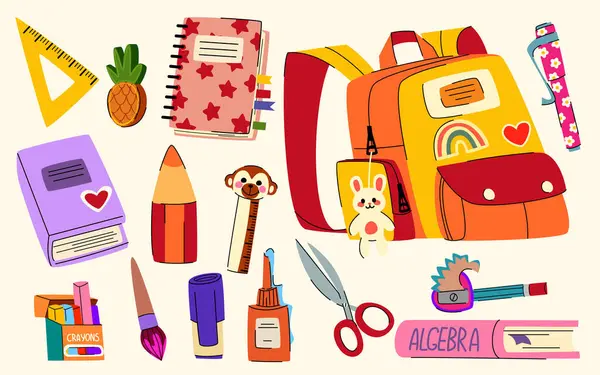 Okul kırtasiyesi etiketi. Sırt çantası, defter, kalem ve cetvel, boya kalemi ve makaslı şirin çizgi film malzemeleri. Renkli eğlence seti çocukları öğrenme araçları, organizatörler bej arka planda izole.