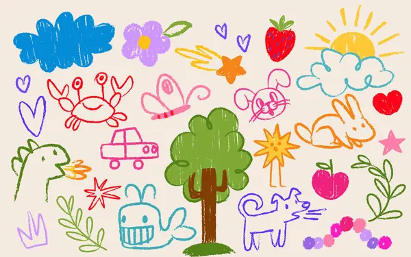 Pastel boya çocuk çizimleri. Bulut ve kalplerin renkli karalamaları, kelebekler ve yıldızlar, güneş ve dinozor, hayvanlar ve meyveler, çiçekler. Çocuklar için dekoratif sanat öğeleri..
