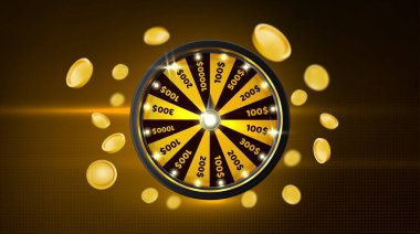 Kumarhane çarkı çevirme ve para siyah arka planda. Rulet ve altın sikkelerin etrafta uçuşan gerçekçi temsili, şanslı oyun, kazanan ödül, ikramiye, kumar kulübü tasarımı