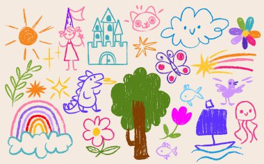 Bulut ve gökkuşağı, ağaç ve kale, güneş ve çiçekler, prenses ve hayvan desenli çocuk pastel karalama seti. Renkli çocuklar anaokulu tasarım projeleri ve tebrik kartları için element koleksiyonu çiziyorlar.