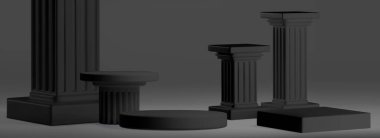 Siyah kürsü seti - kare, yuvarlak ve dikdörtgen şeklinde çeşitli yükseklikler. Klasik mimari formlar, flüt şaftları, pürüzsüz üstleri ve kadife tabanları var. Gri bg üzerinde tek renkli 3D görüntüleme.