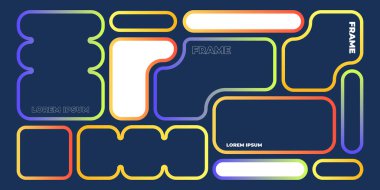 Renkli bento ui kit çerçeve şablonları - yuvarlak dikdörtgen, kare ve düzensiz kabarcık şekilleri canlı gradyan tarzında. Mobil uygulama ve web sitesi wirefram düzeni veya prototipi için funky grafik unsurları.
