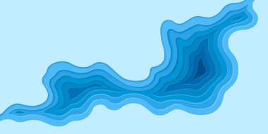 Topografi kağıt kesiği - katmanlı dalgalar mavi arkaplan. Arazi çizgileri olan soyut yardım haritası. Origami etkisi ile coğrafi yüzey manzarası görselleştirmesi. Dekoratif sınır çizimi.