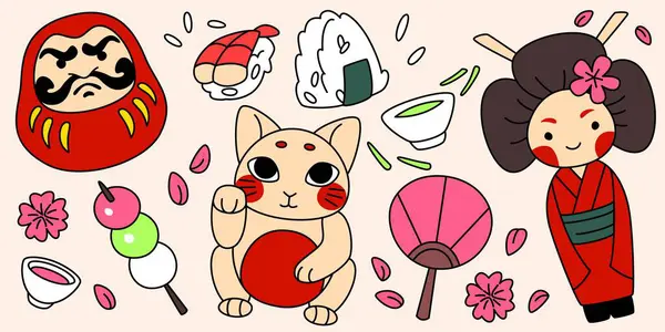 Sevimli Japon halk eserleri seti. Şanslı maneki neko kedi ve daruma bebeği, sakura çiçekleri ve kadın oyuncağı, suşi ve onigiri, geleneksel hayran ve dango tatlısı. Çizgi film oynatıcı Asya motifleri.