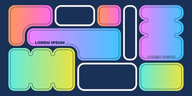 Siyah arkaplanda soyut bento ızgara şekilleri. Mavi, sarı, turuncu gradyan çerçevelerin çağdaş vektör çizimi, geometrik kolaj düzeni, web tasarım şablonu, y2k retro fütüristik sancak