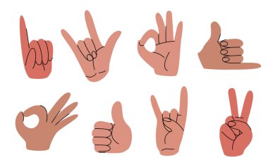 El hareketi çizimi - çeşitli parmak pozisyonları belirlendi. Başparmaklar yukarı, barış işareti, tamam ve rock sembolü çizimleri. Sözsüz iletişim sinyalleri, vücut dili simgeleri minimalist tasarım.
