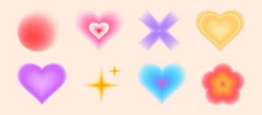 Renkli bulanık kalp ve çiçek, daire ve yıldız pırıltısı, pürüzsüz bulanık efektli haç şekilleri. Retro estetik grafik tasarım elementleri. Basit bulanık simgeler.