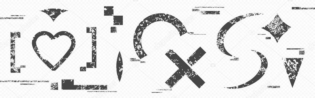 Glitchy distorted symbols set - heart, cross and abstract shapes with digital pixel noise texture, old damaged signs. Grunge design elements with tv interference, data loss and vhs artifact fx.