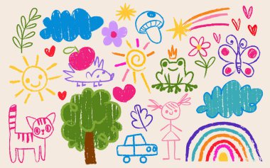 Beyaz arka planda izole edilmiş el çizimi çocuk resimleri. Çizgi film kızı, kedi, kurbağa, kelebek, yaz gökkuşağı ve güneş, çiçek, bulut, ağaç, renk tebeşirlerinin gerçekçi temsili