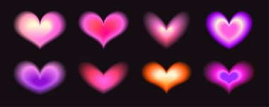 Gradyan kalp koleksiyon y2k biçimini şekillendirir - pembe, mor ve kırmızı renkler siyah arkaplanda neon parlaklık etkisi yaratır. Canlı bulanık ışık siluetleri, parlak parlaklık romantik aşk tasarım sembolleri..