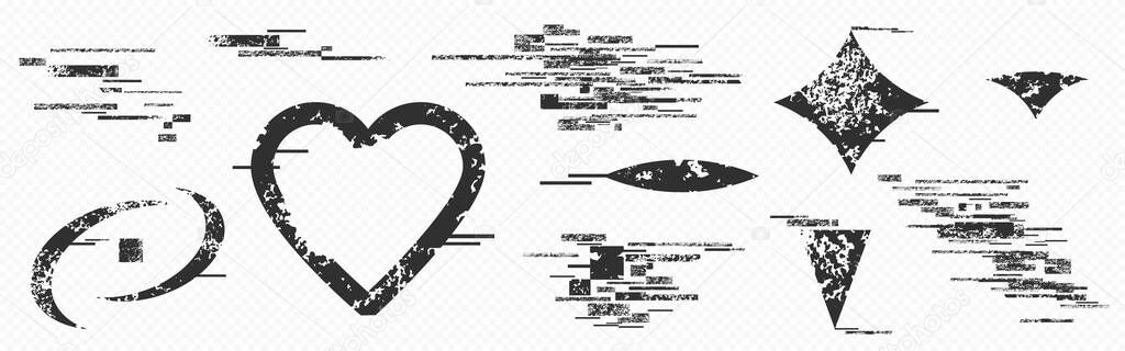 Glitched distorted shapes - abstract digital corruption artistic effect. Geometric elements with fragmented texture. Futuristic graphic design. Noisy irregular forms with corrupted data visualization.