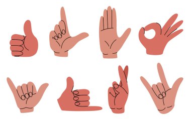 Karalama el hareketleri - baş parmaklar iyi işaretler, parmaklar çapraz ve Shaka beyaz üzerine izole edilmiş gevşek semboller asar. Sözsüz iletişim ifadeleri için basit vektör illüstrasyonu ayarlandı