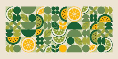 Limon, kireç, portakal dilimleri ve yapraklar. Organik şekilli düz soyut mozaik kompozisyonu. Sağlıklı ekolojik gıda tasarımı için yeşillik rengi paleti deseni.