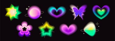 Y2k eğimli kalpler, yıldızlar ve çiçek koleksiyonu - canlı neon parıltı şekilleri belirlendi. Siyah arkaplanda bulanık ışık efektleri. Işıltı tasarımlı Retro biçimi grafik ögeleri.