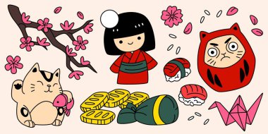 Japon şans tılsımları - sevimli Kokeshi bebeği, gülümseyen daruma, şanslı kedi, sakura çiçeği dalı, origami vinç, kese ve suşi yiyeceğindeki altın külçeler. Sevimli çizgi film geleneksel kader sembolleri.