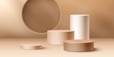 Değişen yüksekliklerdeki bej silindirik podyumlar veya kaideler - vitrin ürünleri için yuvarlak platform aşamaları. Zarif 3d aşamaları ve daire pencereli yumuşak kahverengi minimalist arkaplan