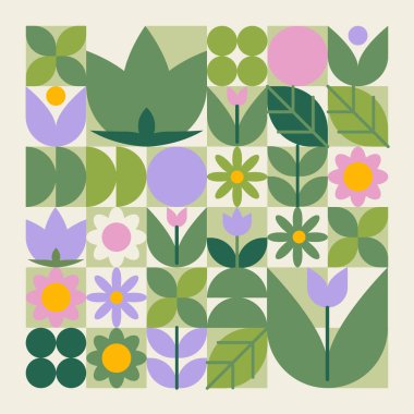 Geometrik çiçek deseni - basitleştirilmiş botanik şekiller dekoratif ızgara oluşturur. Kökler ve çiçekler, yeşil, mor ve pembe çiçek desenli yapraklar. Doğal bahçe ve bahar motifi.