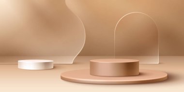 Değişen yüksekliklerdeki bej silindirik podyumlar veya kaideler - vitrin ürünleri için yuvarlak platform aşamaları. Zarif 3d sahneleri, dalgalı arka planı ve cam kemeri olan yumuşak kahverengi minimalist arka plan