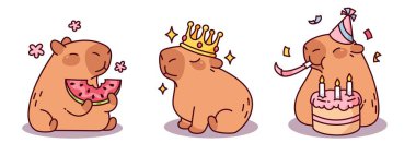 Şirin Capybara karikatür çizimleri - karpuz yiyen tombul kemirgen, doğum gününü kutlayan sevimli hayvan ve pastaya mum üflemek, kafasında taç olan neşeli yaratık. Kawaii komik neşeli kapibara.