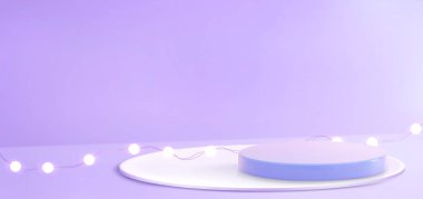 Parlak küresel ampuller, mor podyum sahnesini aydınlatan çelenkler, yumuşak mor arka planda parlayan beyaz küreler. Minimalist 3d ürün görüntüleme platformu.