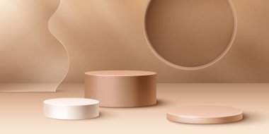 Değişen yüksekliklerdeki bej silindirik podyumlar veya kaideler - vitrin ürünleri için yuvarlak platform aşamaları. Zarif 3d aşamaları, cam dekoru ve dairesel penceresi olan yumuşak kahverengi minimalist arkaplan.