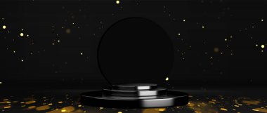 Altın parıltılı siyah podyum. Altın parıldayan parçacıklar tarafından aydınlatılmış karanlık sahne platformu. Parıldayan bokeh ışıkları efekti. Lüks ürün sunumu, ödül töreni arkaplanı, etkinlik duyurusu.