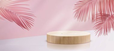 Pembe palmiye yaprağıyla ahşap podyum sahnesi - doğal yuvarlak kaidesi, silindir platformu tropikal yeşilliklerle aydınlatılıyor. Lüks kozmetik ürünler, yaz güzellik markası tanıtım bg.